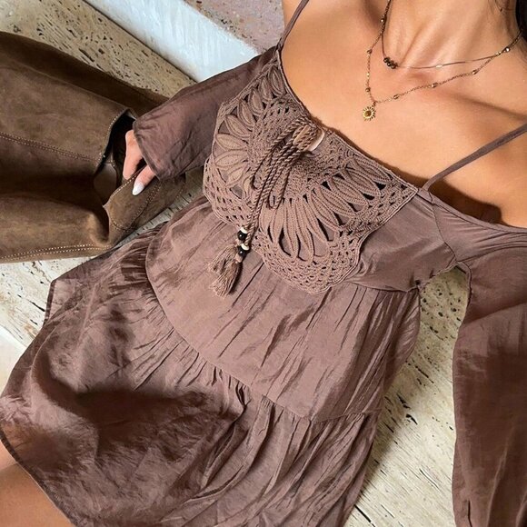 Brown Casual Women's Knitted Colorblock Off-Shoulder Long Sleeve Mini Dress - Picture 7 of 7